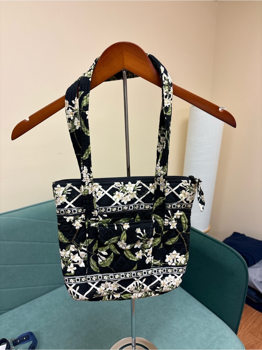 Vera Bradley Black Floral Quilted Tote with White Blossoms